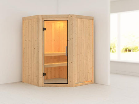 Karibu Sauna Larin ohne Ofen, ohne Dachkranz, mit Klarglas-Ganzglastür