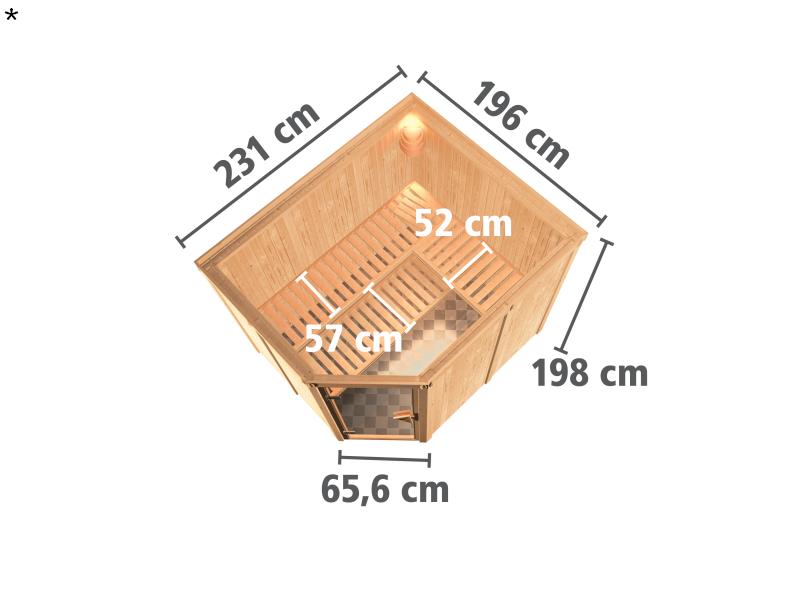 Karibu Sauna Malin inkl. 9 kW Bio Ofen mit ext. Steuerung, ohne Dachkranz, mit Klarglas Ganzglastür