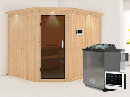 Karibu Sauna Malin inkl. 9-kW-Bioofen mit externer Steuerung, mit Dachkranz, mit moderner Saunatür