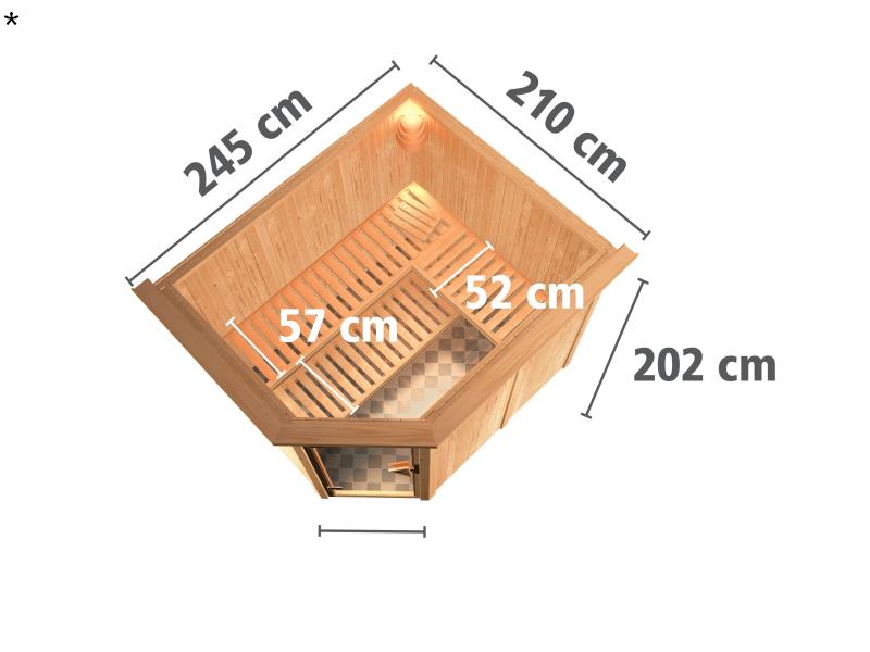 Karibu Sauna Malin ohne Ofen, mit Dachkranz, mit energiesparender Saunatür