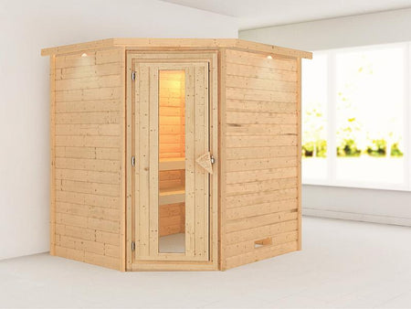 Karibu Sauna Mia 38 mm mit Dachkranz- ohne Ofen- energiesparende Saunatür