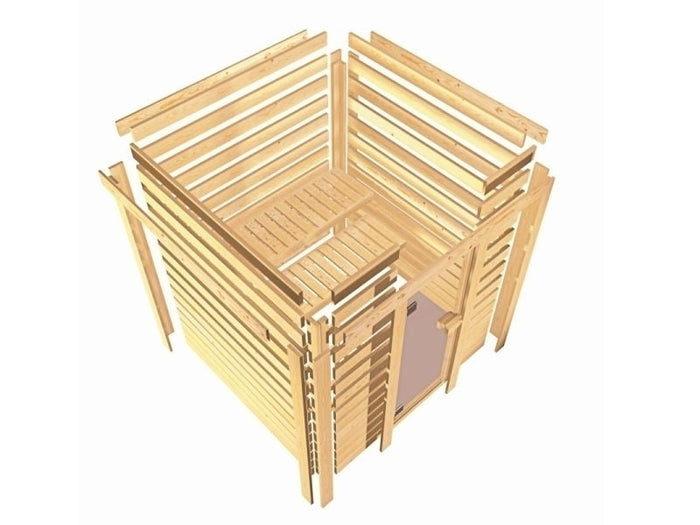 Karibu Sauna Mia inkl. 9 kW Bioofen ext. Steuerung, mit Klarglas Ganzglassaunatür -mit Dachkranz-