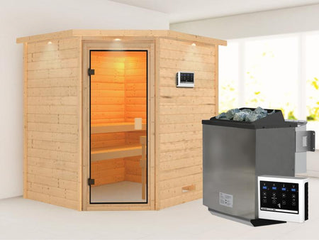 Karibu Sauna Mia inkl. 9 kW Bioofen ext. Steuerung, mit klassischer Saunatür -mit Dachkranz-