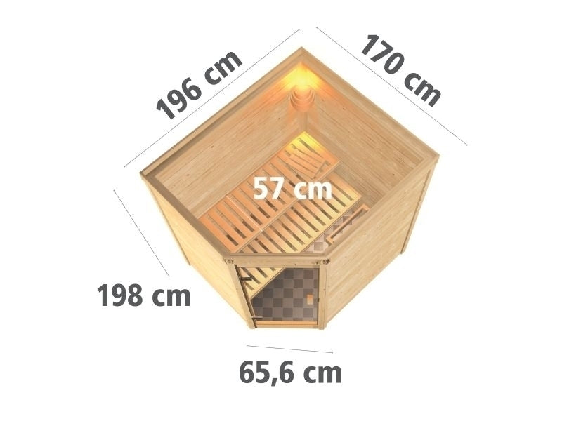 Karibu Sauna Mia inkl. 9 kW Bioofen ext. Steuerung, mit moderner Saunatür -ohne Dachkranz-