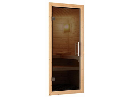 Karibu Sauna Mia inkl. 9 kW Bioofen ext. Steuerung, mit moderner Tür -mit Dachkranz-