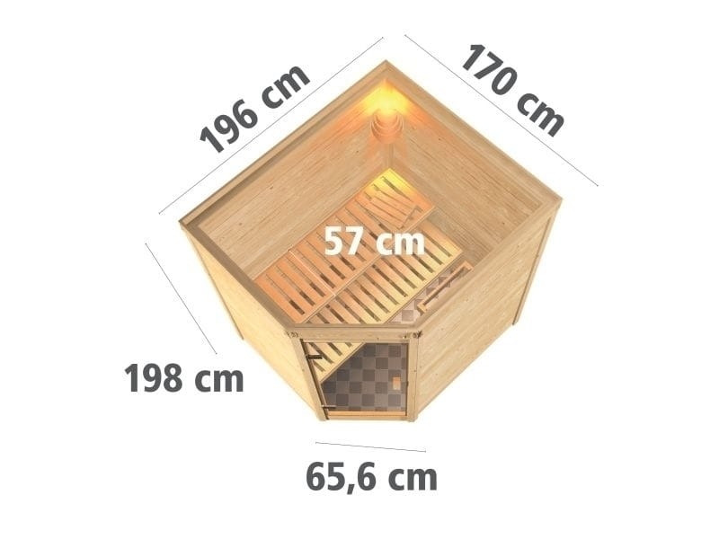 Karibu Sauna Mia inkl. 9 kW Bioofen ext. Steuerung, mit Klarglas Ganzglassaunatür -ohne Dachkranz-
