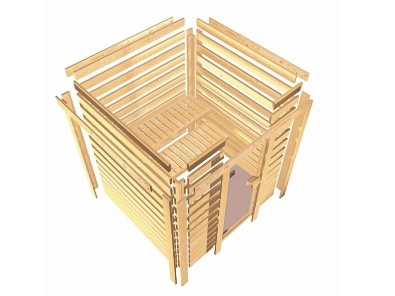 Karibu Sauna Mia inkl. 9 kW Ofen ext. Steuerung, mit Klarglas Ganzglassaunatür -ohne Dachkranz-