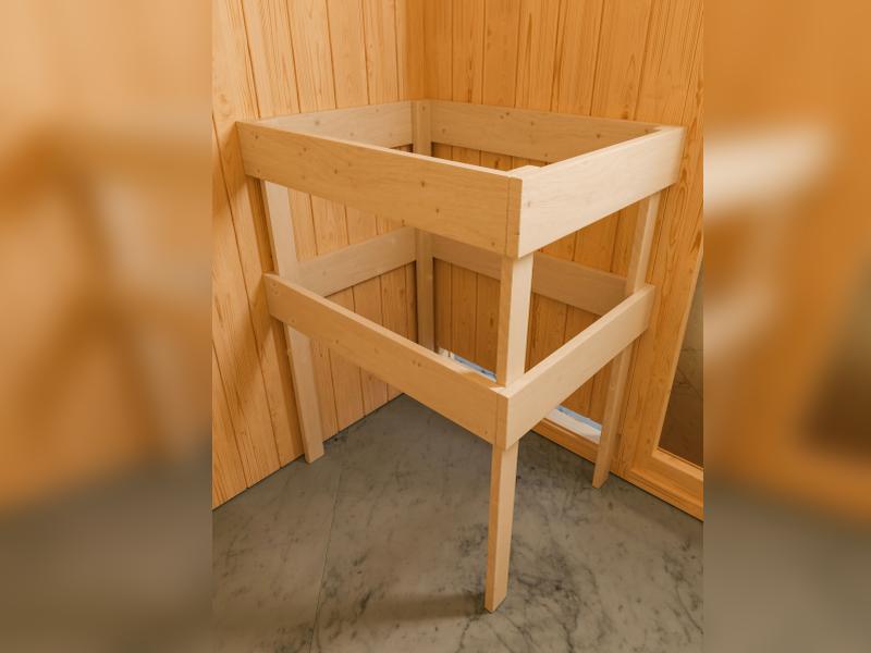 Karibu Sauna Mia inkl. 9 kW Ofen ext. Steuerung, mit Klarglas Ganzglassaunatür -mit Dachkranz-