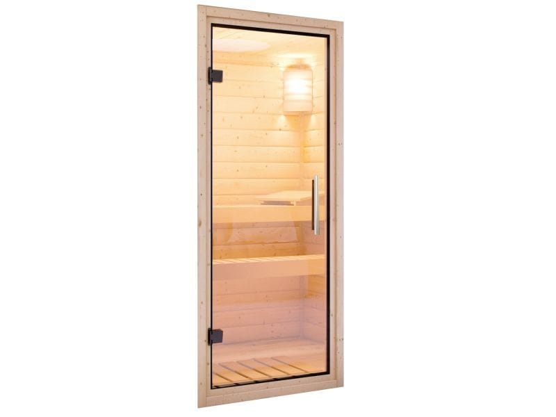 Karibu Sauna Mia inkl. 9 kW Ofen ext. Steuerung, mit Klarglas Ganzglassaunatür -mit Dachkranz-