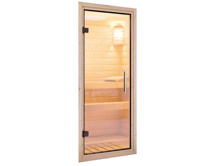 Karibu Sauna Mia inkl. 9 kW Ofen ext. Steuerung, mit Klarglas Ganzglassaunatür -mit Dachkranz-