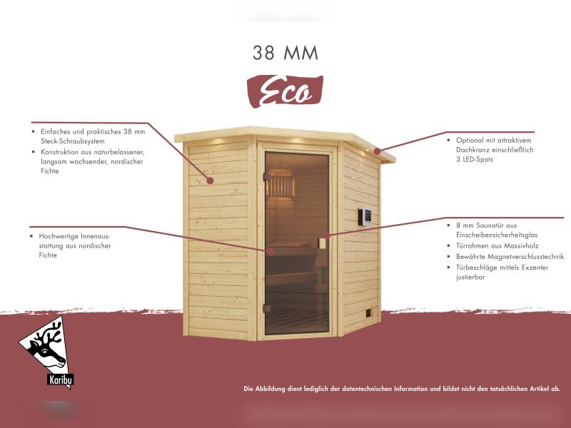 Karibu Sauna Mia inkl. 9 kW Ofen integr. Steuerung, mit Klarglassaunatür -mit Dachkranz-