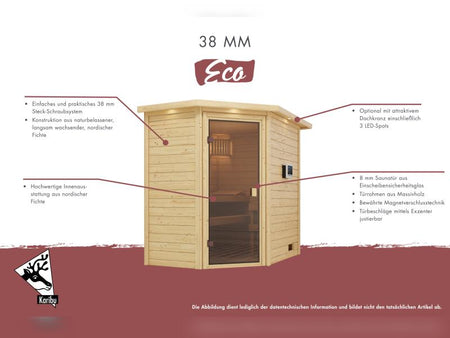 Karibu Sauna Mia inkl. 9 kW Ofen integr. Steuerung, mit Klarglassaunatür -mit Dachkranz-