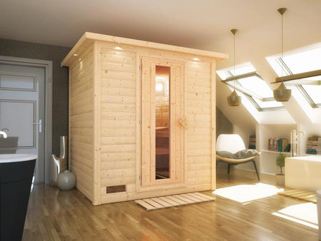 Karibu Sauna Mojave ohne Ofen, mit Dachkranz, mit energiesparender Saunatür