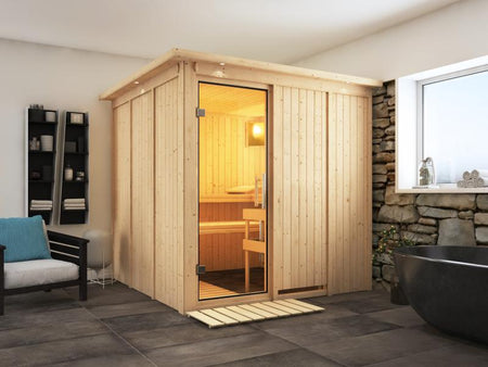 Karibu Sauna Rodin inkl. 9 kW Ofen mit int. Steuerung, mit Dachkranz, mit Klarglas Ganzglastür