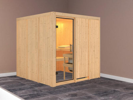 Karibu Sauna Rodin ohne Ofen, ohne Dachkranz, mit Klarglas Ganzglastür