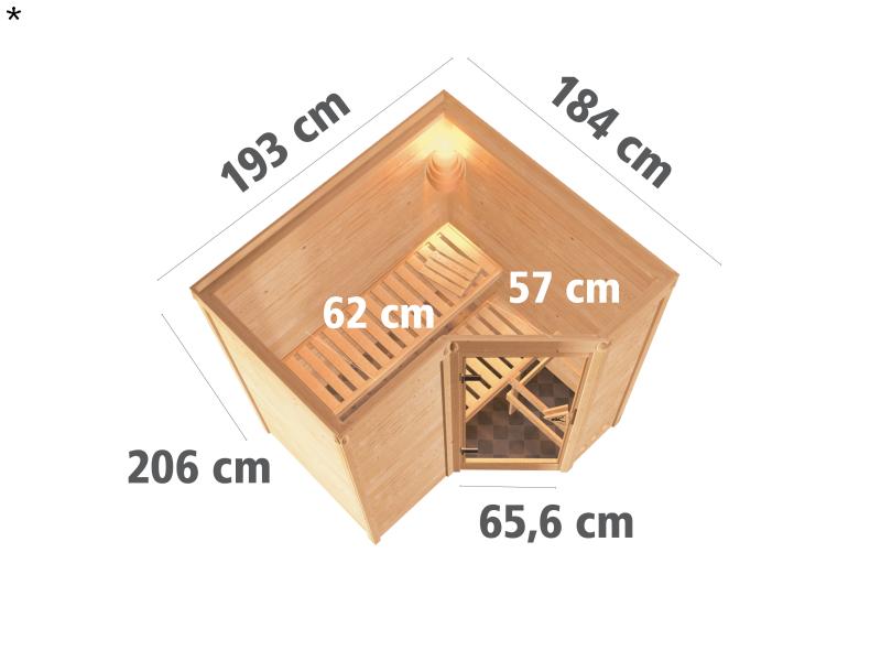Karibu Sauna Sahib 1 inkl. 9 kW Ofen ext. Steuerung, mit klassischer Saunatür -ohne Dachkranz-