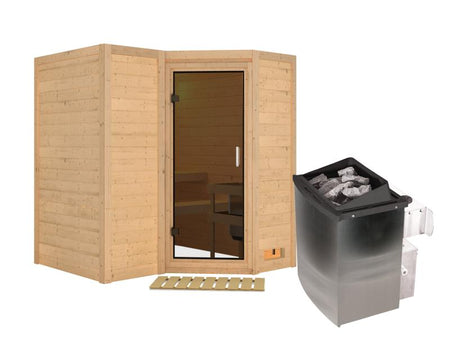 Karibu Sauna Sahib 1 inkl. 9 kW Ofen integr. Steuerung, mit moderner Saunatür -ohne Dachkranz-
