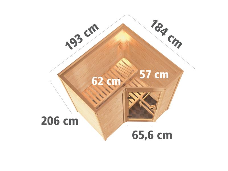 Karibu Sauna Sahib 1 inkl. 9 kW Ofen mit ext. Steuerung, mit Klarglas-Ganzglastür -ohne Dachkranz-