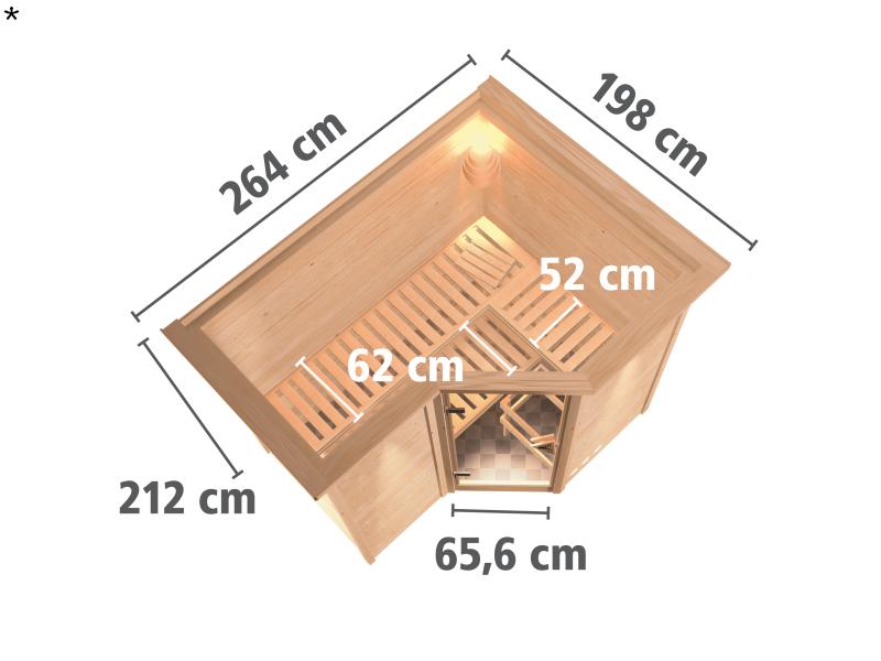 Karibu Sauna Sahib 2 inkl. 9 kW Bio Ofen mit ext. Steuerung, mit Dachkranz, mit Klarglas Ganzglastür