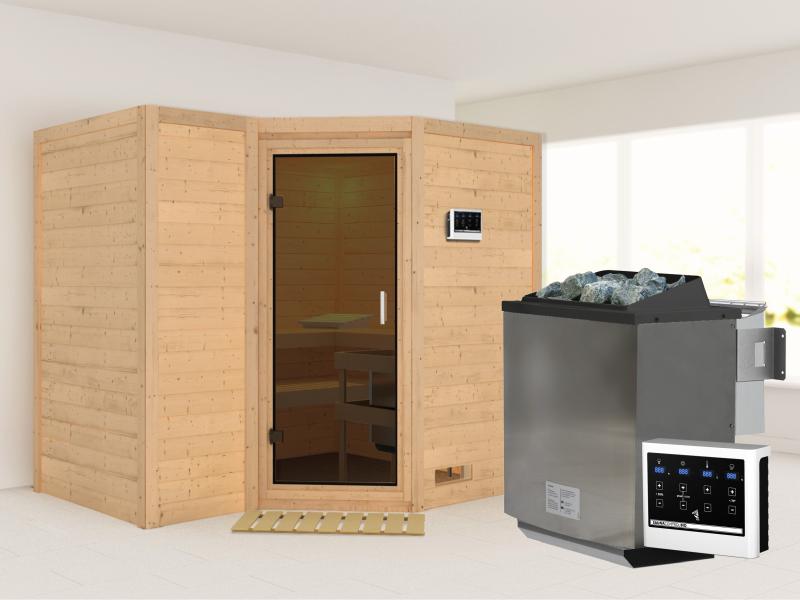 Karibu Sauna Sahib 2 inkl. 9-kW-Bioofen mit externer Steuerung, ohne Dachkranz, mit moderner Saunatü