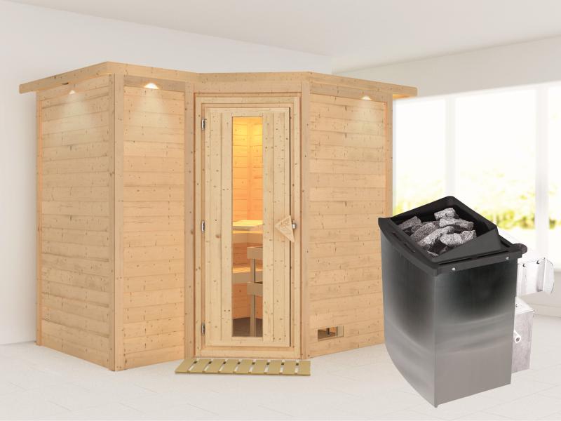 Karibu Sauna Sahib 2 inkl. 9-kW-Ofen mit interner Steuerung, mit Dachkranz, mit energiesparender Sau