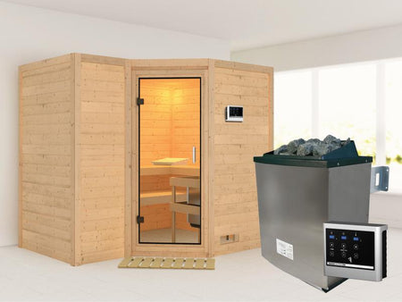 Karibu Sauna Sahib 2 inkl. Ofen mit ext. Steuerung, ohne Dachkranz, mit Klarglas Ganzglastür