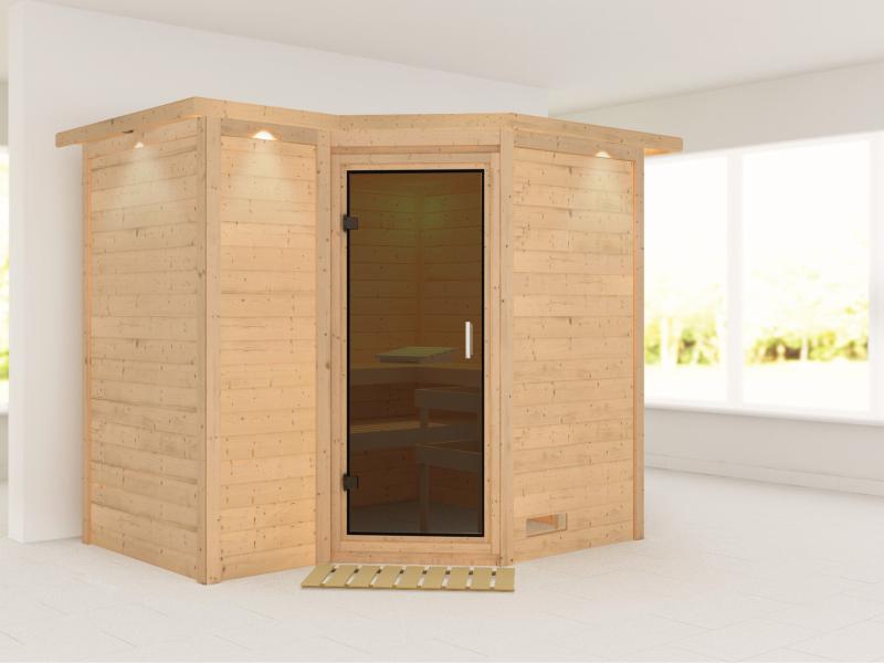 Karibu Sauna Sahib 2 ohne Ofen, mit Dachkranz, mit moderner Saunatür