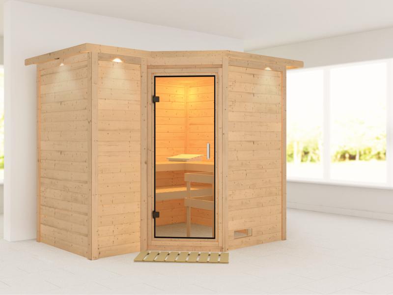 Karibu Sauna Sahib 2 ohne Ofen, mit Dachkranz, mit Klarglas Ganzglastür