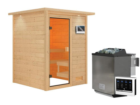 Karibu Sauna Sandra inkl. 9 kW Bioofen ext. Strg mit klassischer Saunatür -mit Dachkranz-