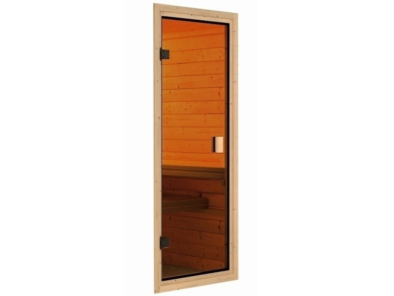 Karibu Sauna Sandra inkl. 9 kW Bioofen ext. Strg mit klassischer Saunatür -mit Dachkranz-