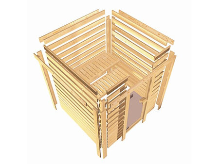 Karibu Sauna Sandra inkl. 9 kW Ofen ext. Steuerung mit klassischer Saunatür -mit Dachkranz-