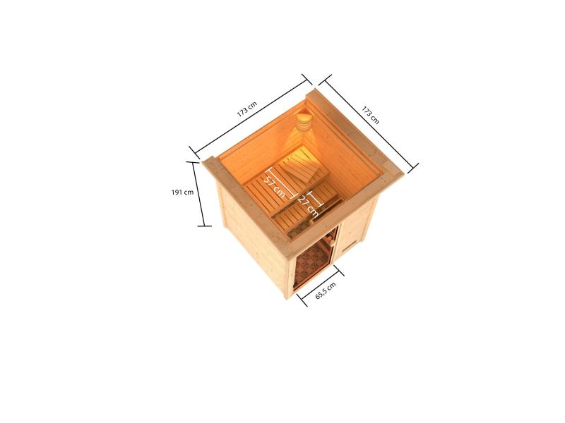 Karibu Sauna Sandra inkl. 9 kW Ofen ext. Steuerung mit klassischer Saunatür -mit Dachkranz-