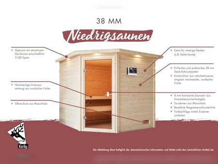 Karibu Sauna Sandra inkl. 9 kW Ofen integr. Steuerung mit klassischer Saunatür -ohne Dachkranz-