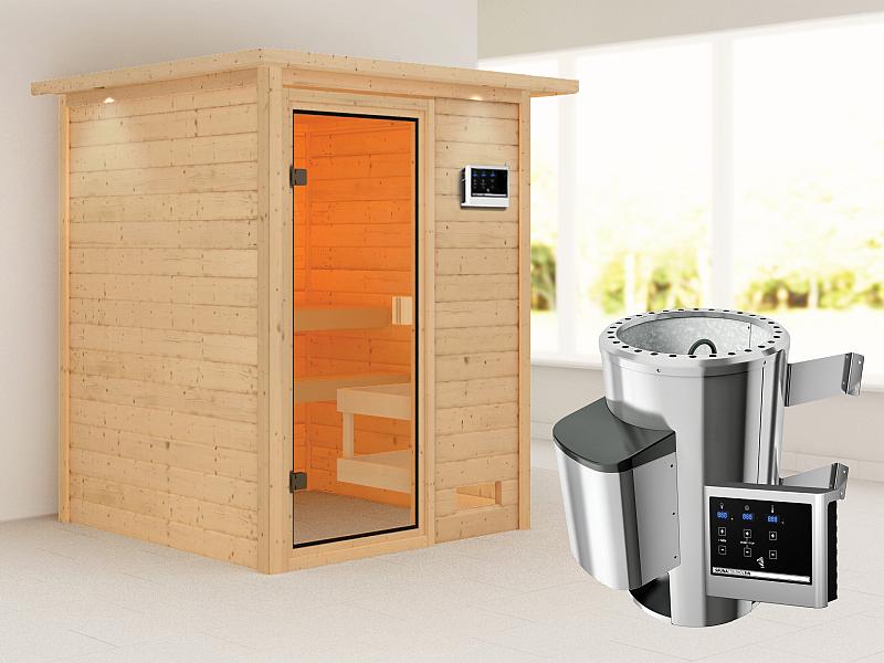 Karibu Sauna Sandra mit 3,6 kW Ofen ext. Strg und Dachkranz 38 mm