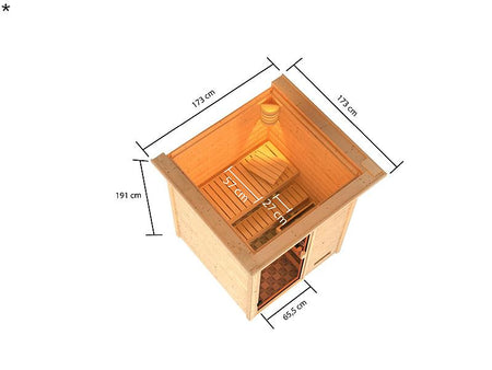 Karibu Sauna Sandra mit 3,6 kW Ofen integr. Strg und Dachkranz 38 mm