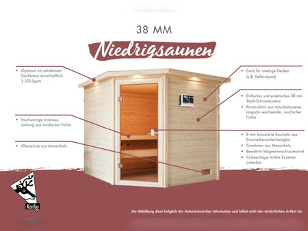 Karibu Sauna Selena inkl. 9 kW Ofen integr. Steuerung mit klassischer Saunatür -mit Dachkranz-