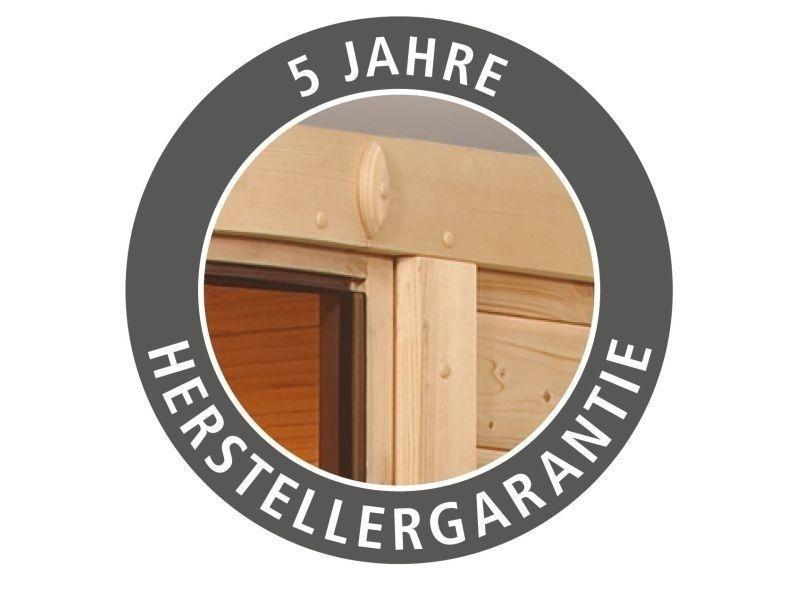 Karibu Sauna Selena mit 3,6 kW Ofen ext. Strg und Dachkranz 38 mm