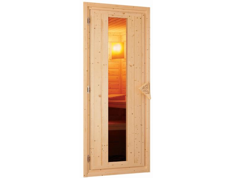 Karibu Sauna Siirin inkl. 9 kW Bioofen ext. Steuerung mit energiesparender Saunatür -mit Dachkranz-