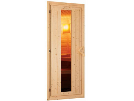 Karibu Sauna Siirin inkl. 9 kW Bioofen ext. Steuerung mit energiesparender Saunatür -mit Dachkranz-