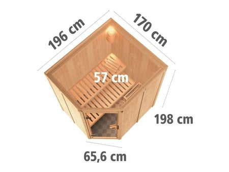 Karibu Sauna Siirin inkl. 9 kW Bioofen mit ext. Steuerung mit Klarglas Ganzglastür -ohne Dachkranz-