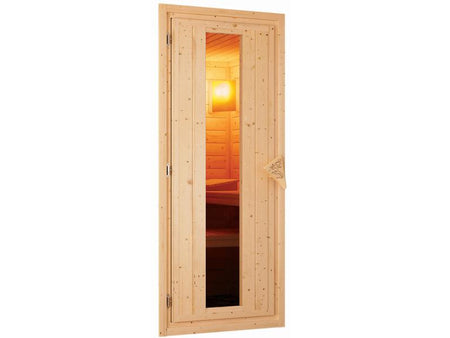 Karibu Sauna Siirin inkl. 9 kW Ofen integr. Steuerung mit energiesparender Saunatür - mit Dachkranz