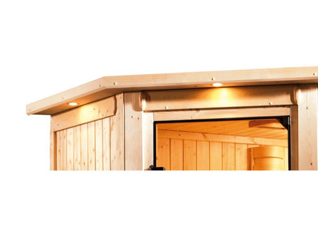 Karibu Sauna Siirin inkl. 9kW Bioofen ext. Steuerung mit klassischer Saunatür - mit Dachkranz -