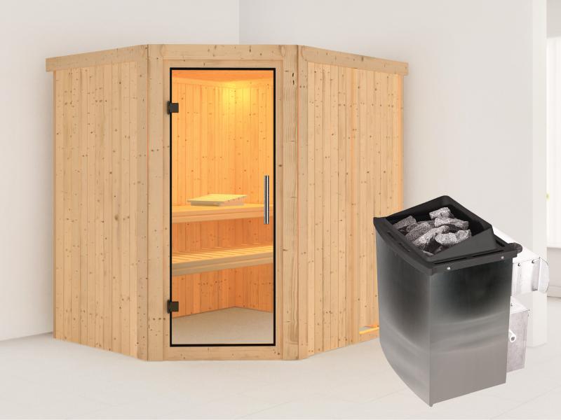 Karibu Sauna Siirin inkl. 9kW Ofen mit integr. Steuerung mit Klarglas Ganzglastür -ohne Dachkranz-