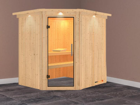 Karibu Sauna Siirin ohne Ofen, mit Dachkranz, mit Klarglas Ganzglastür