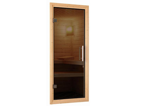 Karibu Sauna Sodin inkl. 9 kW Bioofen ext. Steuerung mit moderner Saunatür - mit Dachkranz -