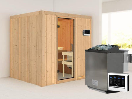 Karibu Sauna Sodin inkl. 9 kW Bioofen ext. Steuerung mit Klarglas Ganzglastür - ohne Dachkranz -