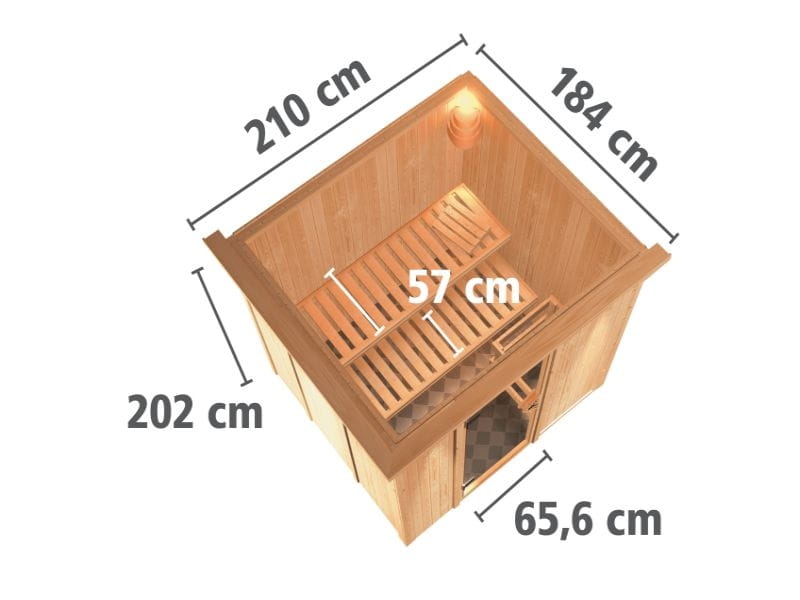Karibu Sauna Sodin inkl. 9 kW Bioofen ext. Steuerung mit Klarglas Ganzglastür - mit Dachkranz -