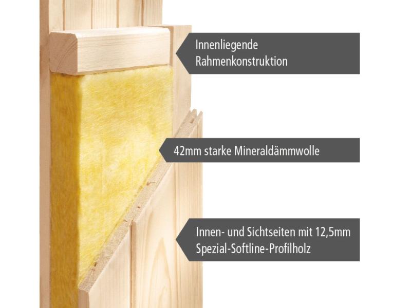 Karibu Sauna Sodin inkl. 9 kW Ofen ext. Steuerung mit bronzierter Ganzglastür - mit Dachkranz -