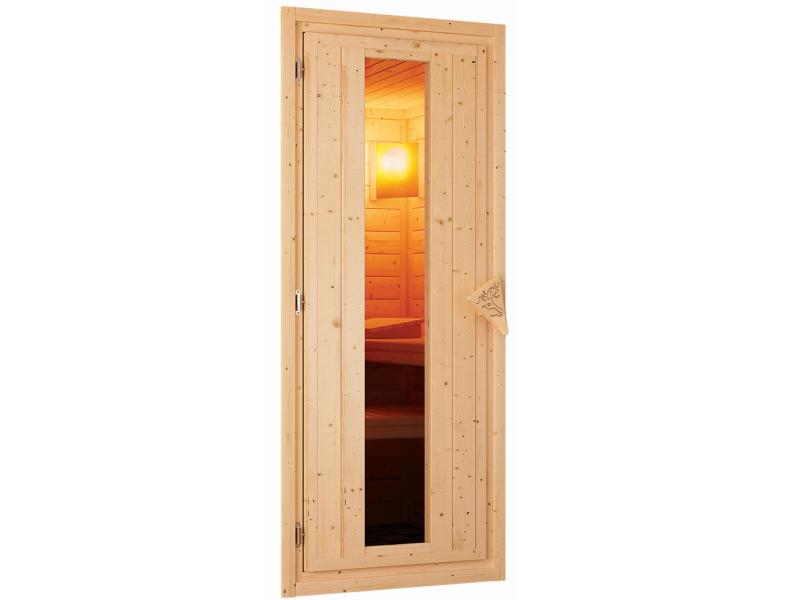 Karibu Sauna Sodin inkl. 9 kW Ofen ext. Steuerung mit energiesparender Saunatür - mit Dachkranz -