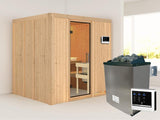 Karibu Sauna Sodin inkl. 9 kW Ofen ext. Steuerung mit Klarglas Ganzglastür - ohne Dachkranz -